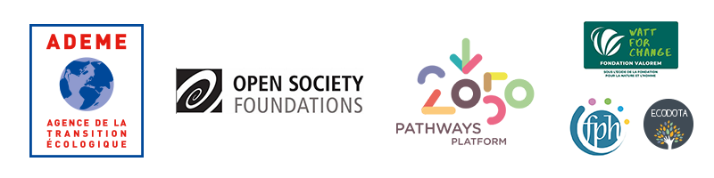 Bloc logo des financeurs ; Ademe, Open Society Foundation, ECF/2050Pathway Platform, Watt for Change, FPH, Ecodota